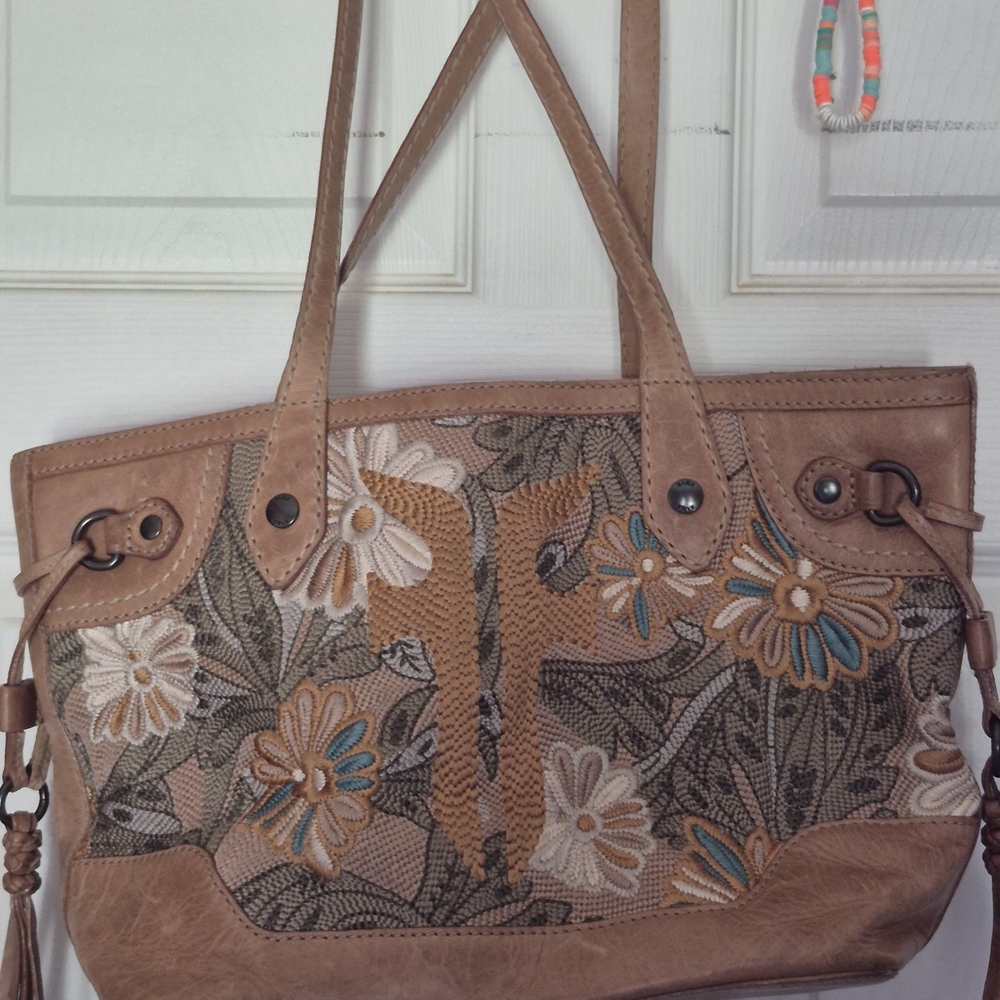 Frye Brown Floral Embroidered Satchel